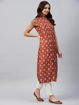 Rust And White Geometric Printed Side Slit Button Down Straight Kurta