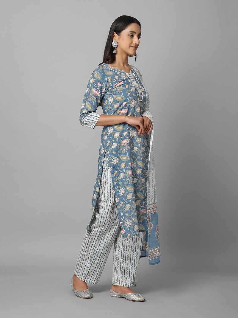 Blue And White Floral Printed Side Slit Straight Kurta Palazzo And Dupatta Set