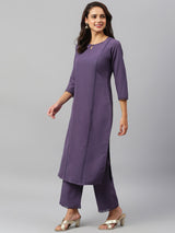 Solid Purple Side Slit Straight Kurta And Palazzo Set