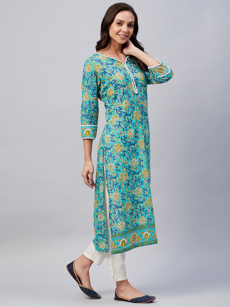 Green Floral Printed Side Slit Straight Kurta