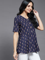 Navy Blue Ikkat Printed A-Line Top