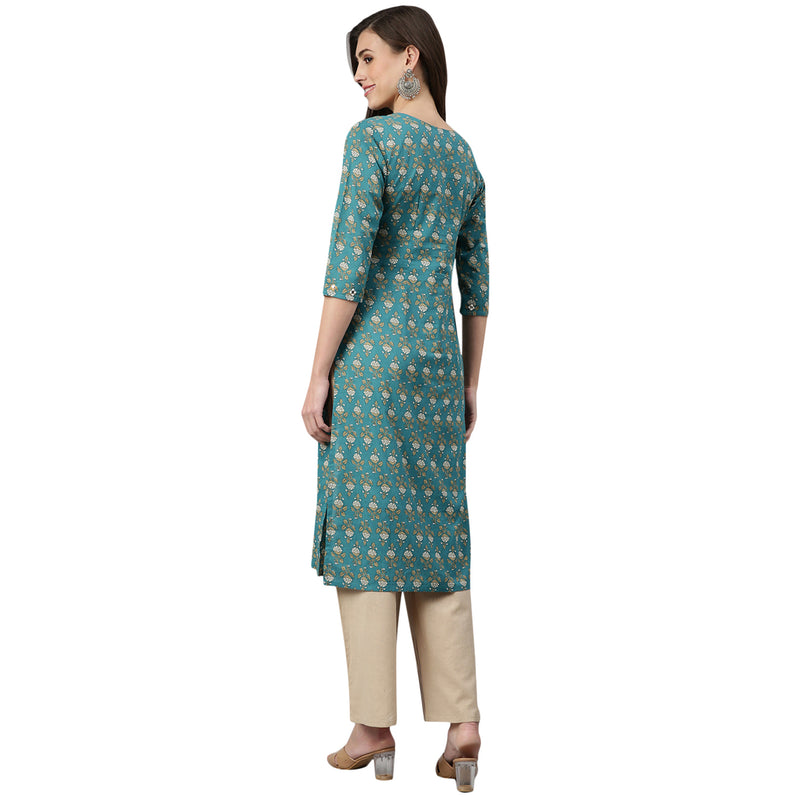 Green Ethnic Printed Side Slit Straight Kurta