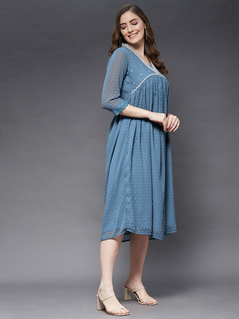 Long V-Neck Dress With Thread Embroidery With Nice Bust Cut