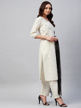 White Embroidered Side Slit Kurta Palazzo And Dupatta Set