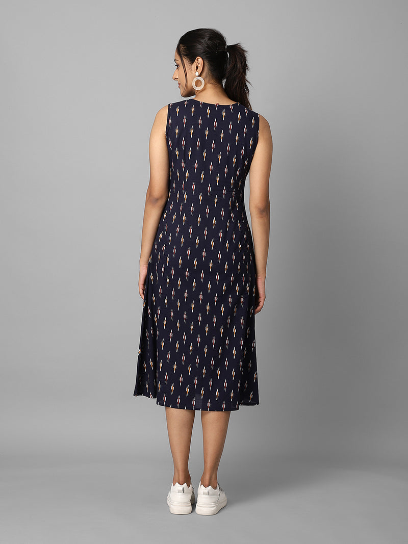 Navy Blue Ikkat Printed A-Line Dress Having Pocket