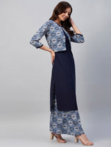 Navy Blue Ethnic Printed Side Slit Straight Kurta Palazzo And Jacket Set