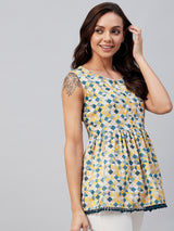 Yellow And Blue Geometric Printed Gathered A-Line Top