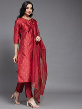 Red Gold Printed Side Straight Kurta And Palazzo And Embroidered Dupatta Set