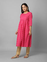 Gold Printed Magenta Ethnic Printed Gathered A-Line Kurta