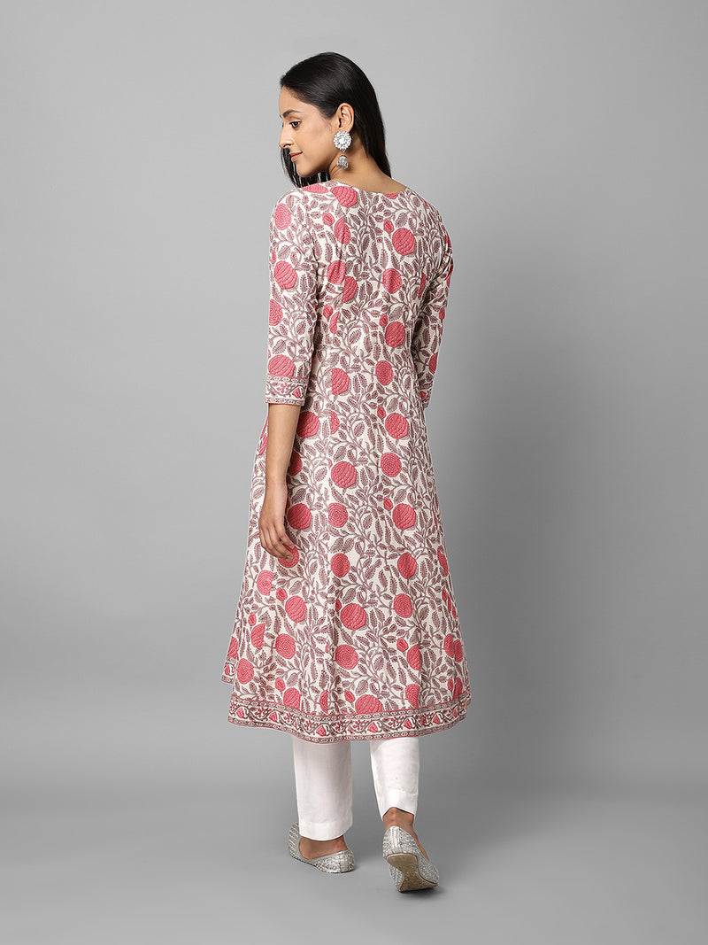 Cream And Pink Floral Printed Anarkali Kurta