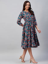 Multi Color Ethnic Printed Gathered A-Line Dress