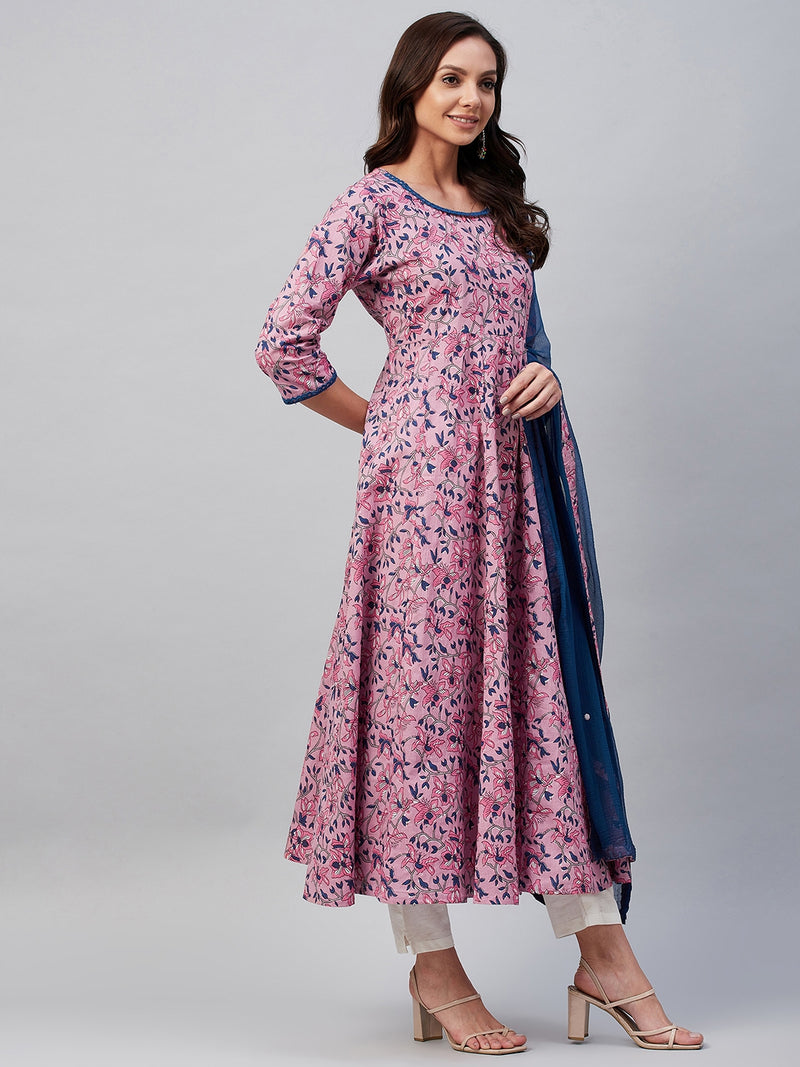 Pink And Blue Floral Printed Anarkali Kurta And Dupatta