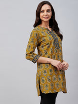 Olive Ethnic Printed Side Slit Straight Kurti