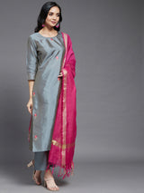 Solid Grey Embroidered Side Slit Straight Kurta Palazzo And Dupatta Set