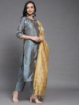 Grey Gold Printed Side Slit Straight Kurta And Solid Palazzo And Dupatta Set