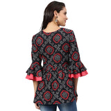 Black And Red Bandhani Printed Gathered A-Line Top