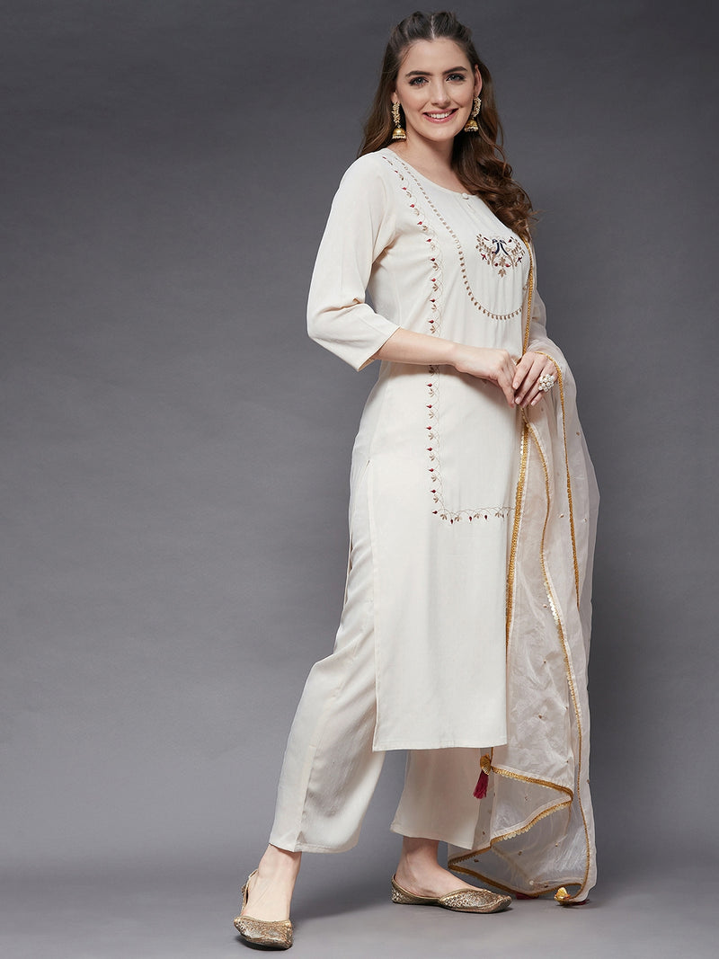 Embroidered Kurta With Pant And Dupatta