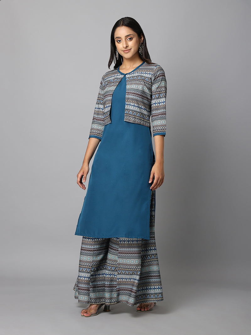 Turquoise And Grey Geometric Printed Jacket Style Kurta Palazzo Set