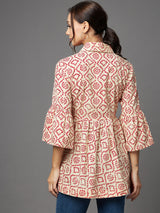 Cream And Red Bandhani Printed Gathered A-Line Top