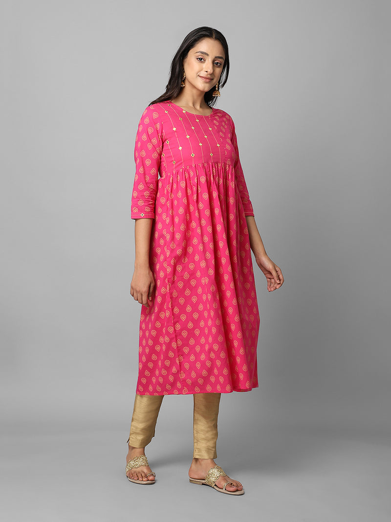 Gold Printed Magenta Ethnic Printed Gathered A-Line Kurta