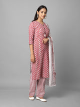 Pink And White Ethnic Printed Side Slit Straight Kurta Palazzo And Dupatta Set