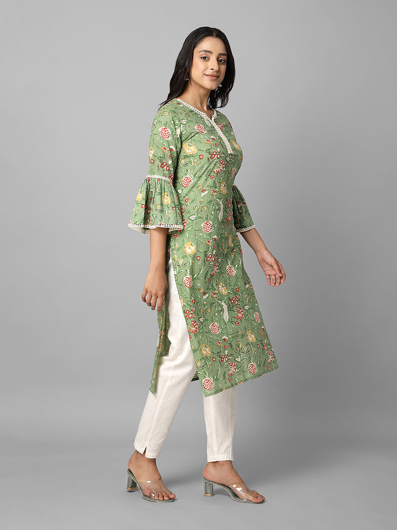 Green Floral Side Slit Straight Kurta