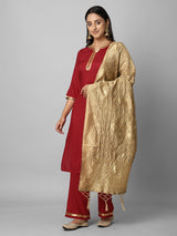 Red And Gold Solid Side Slit Straight Kurta Palazzo And Dupatta Set