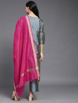 Solid Grey Embroidered Side Slit Straight Kurta Palazzo And Dupatta Set