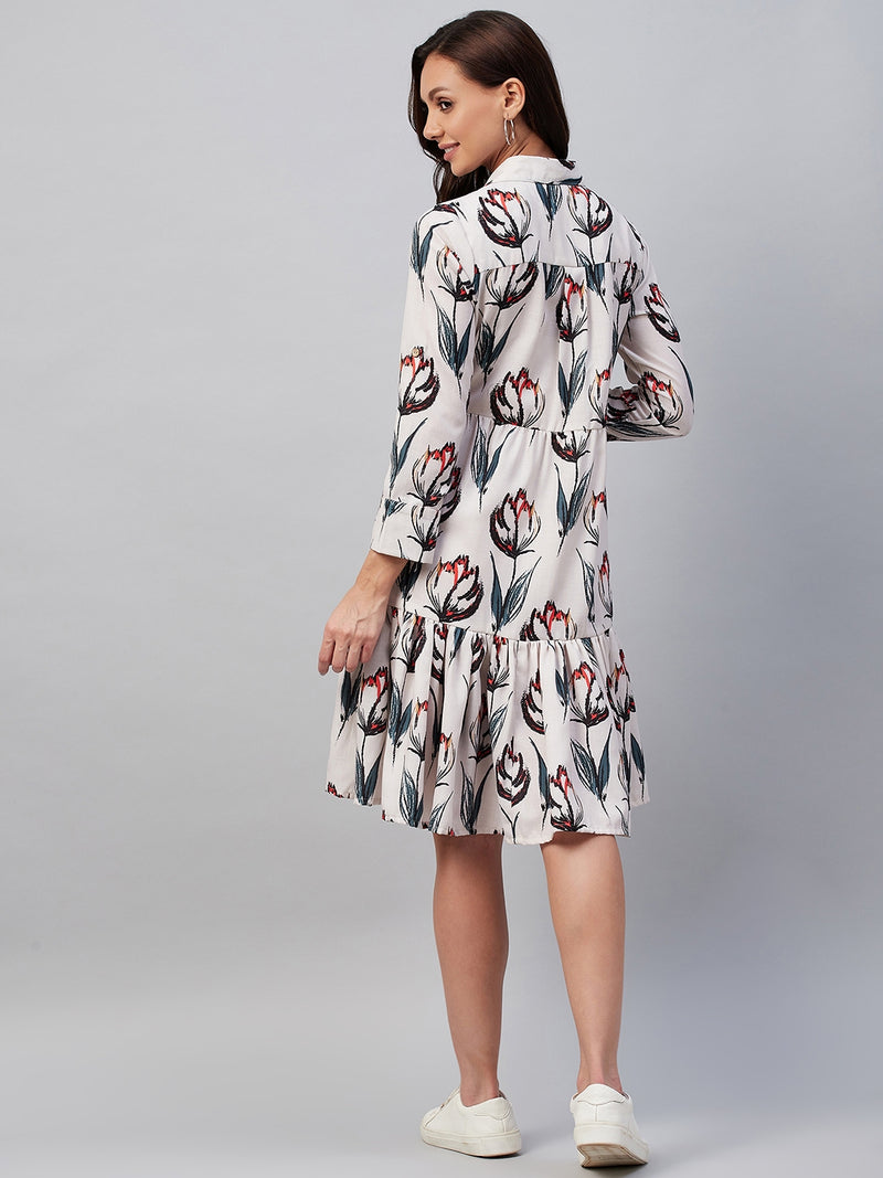 Beige And Red Floral Printed Button Down Gathered A-Line Dress