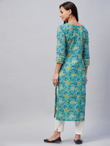 Green Floral Printed Side Slit Straight Kurta