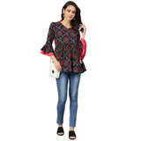 Black And Red Bandhani Printed Gathered A-Line Top