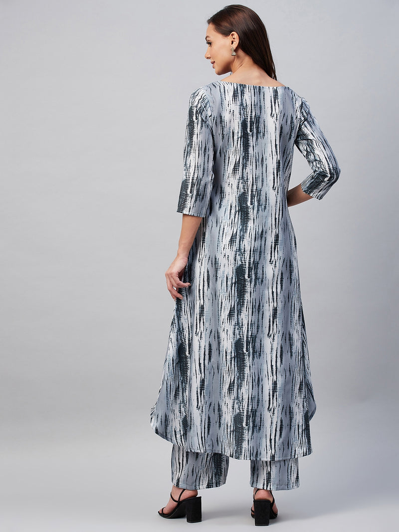 Grey And Black Shibori Hi-Low A-Line Kurta Palazzo Set