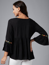 Solid Black Embroidered Gathered A-Line Top