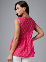 Magenta Ethnic Gold Printed Sleeveless A-Line Top