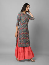 Green And Pink Floral Side Slit Straight Kurta