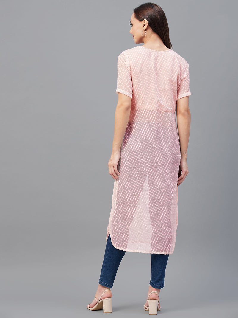 Pink Dobby Side Slit Straight Kurta