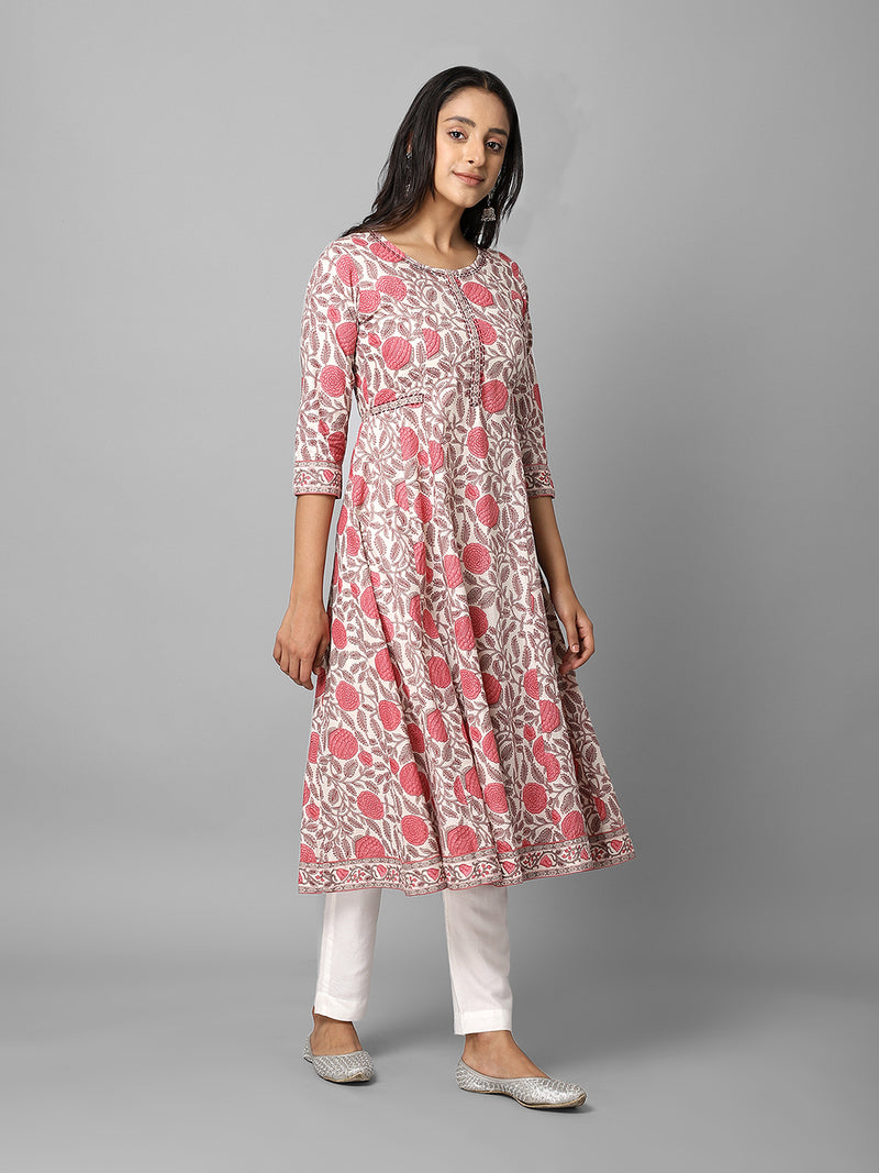 Cream And Pink Floral Printed Anarkali Kurta