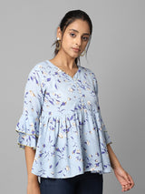 Sky Blue Floral Printed Gathered Top