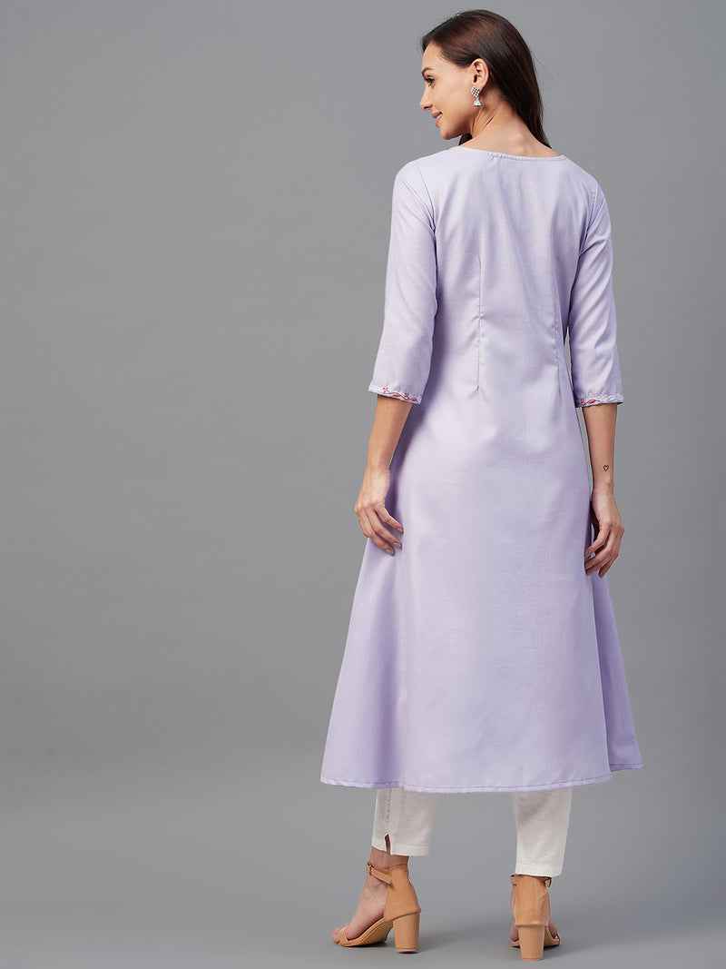 Lavender Solid Embroidered A-Line Kurta