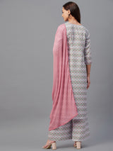 Grey And Pink Floral Printed Side Slit Straight Kurta Palazzo And Dupatta Set