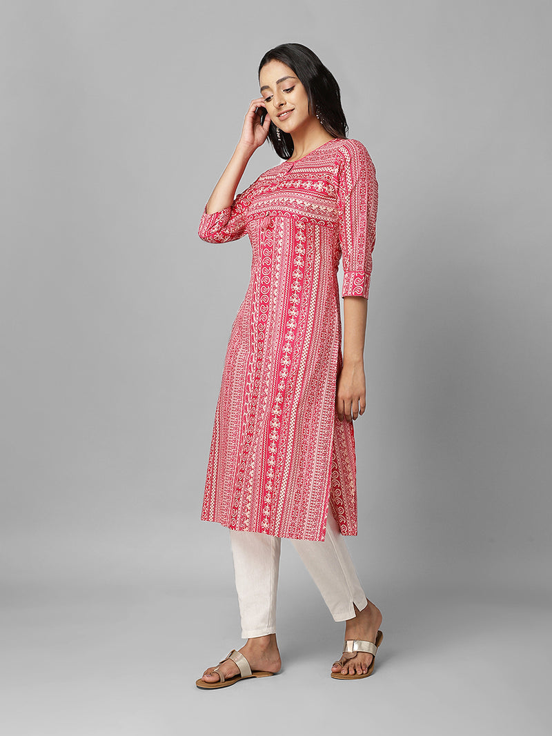 Pink And Cream Abstract Printed Side Slit Straight Kurta