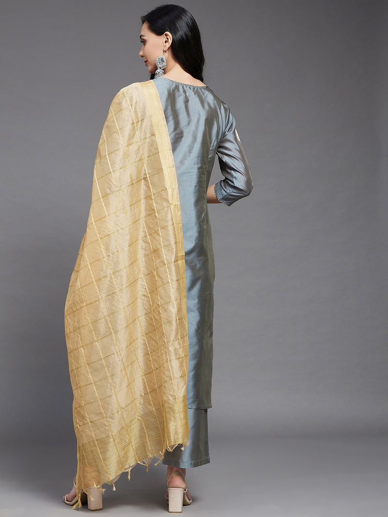 Grey Gold Printed Side Slit Straight Kurta And Solid Palazzo And Dupatta Set