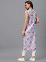 Lavender Floral Printed Sleeveless Side Slit Straight Kurta