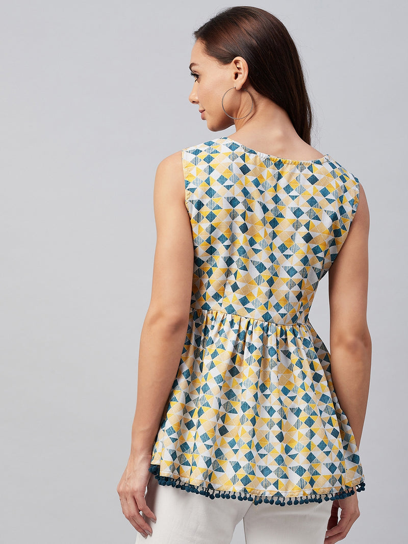 Yellow And Blue Geometric Printed Gathered A-Line Top