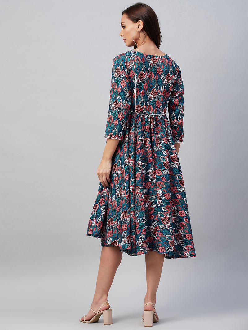 Multi Color Ethnic Printed Gathered A-Line Dress