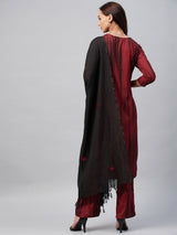 Maroon And Black Shibori Printed Side Slit Straight Kurta Palazzo And Dupatta Set