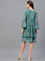 Green floral Printed Gathered A-Line Dress