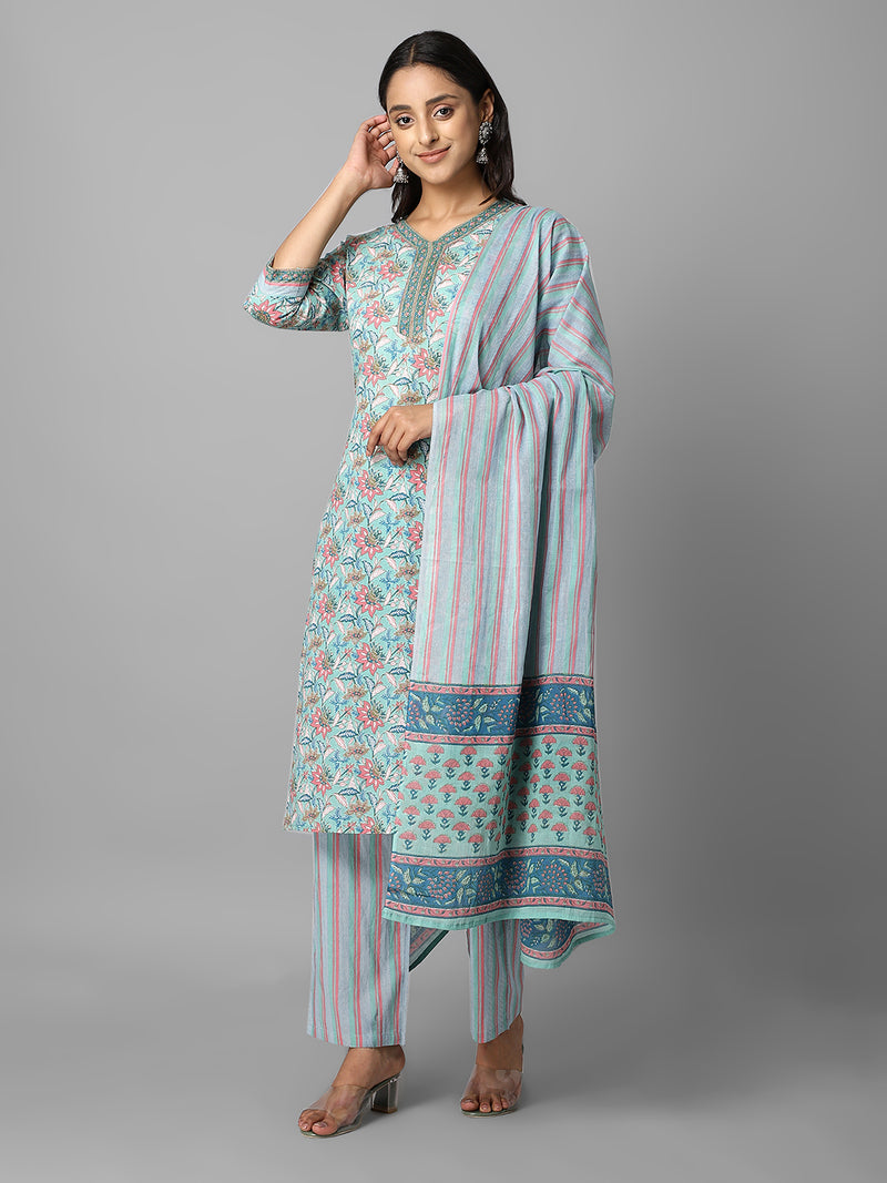 Green And Pink Floral Printed Side Slit Straight Kurta With Palazzo And Dupatta Set