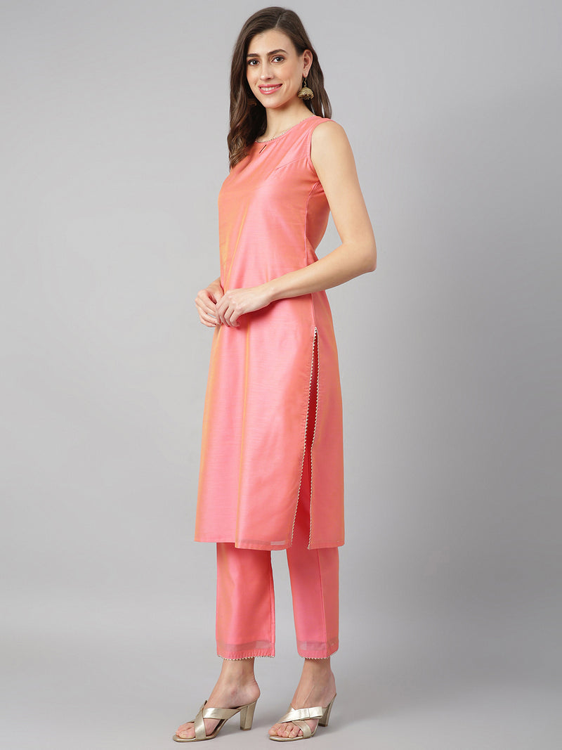 Solid Peach Side Slit Straight Kurta Palazzo And Gold Dupatta