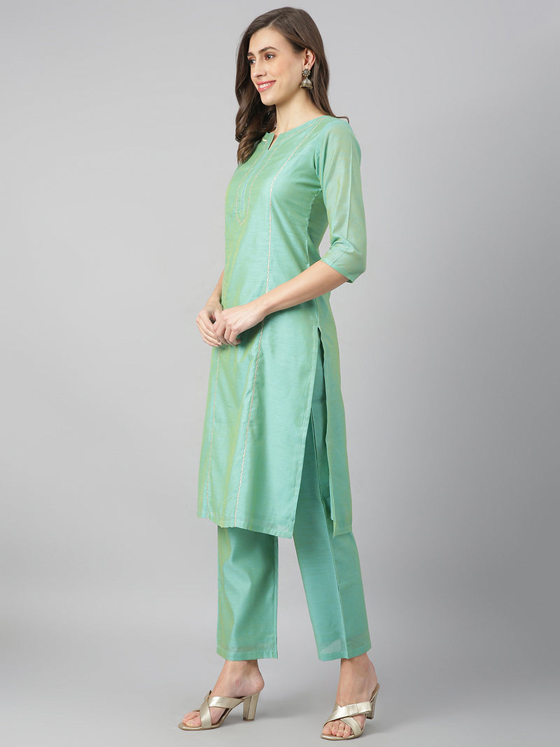 Solid Green Side Slit Straight Kurta Palazzo And Printed Dupatta Set